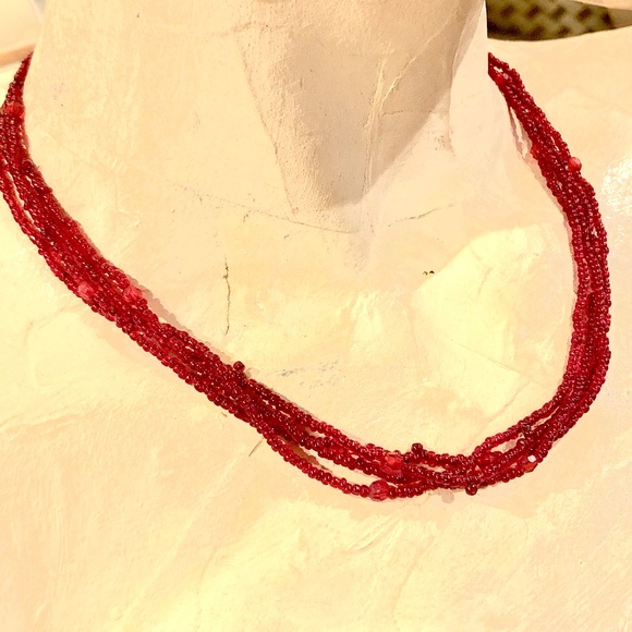 3/$32 VTG 80s Boho Cherry Red 4 Strand Glass Seed Beaded Necklace/Silver Clasp - Picture 4 of 9